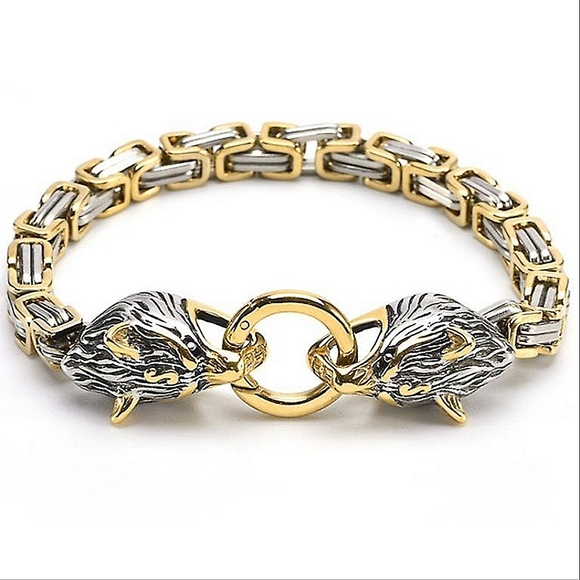 New! MEN'S Siver & Gold Byzantine Chain with Double Wolf Head Bracelet. 8" - Picture 7 of 9